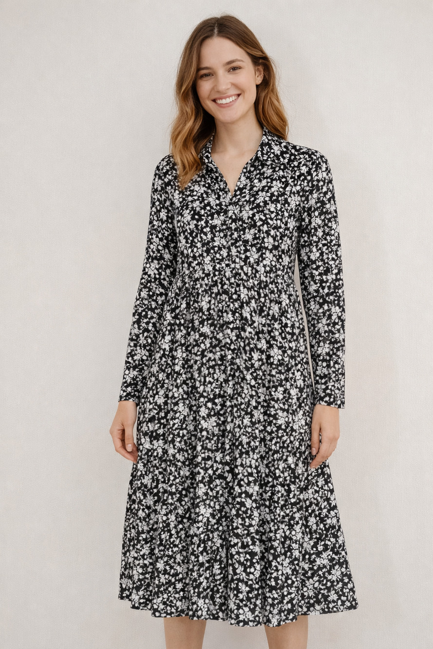 Ganni Crepe Floral Print Unlined Black White Flattering Easy Shirt Dress Size 34